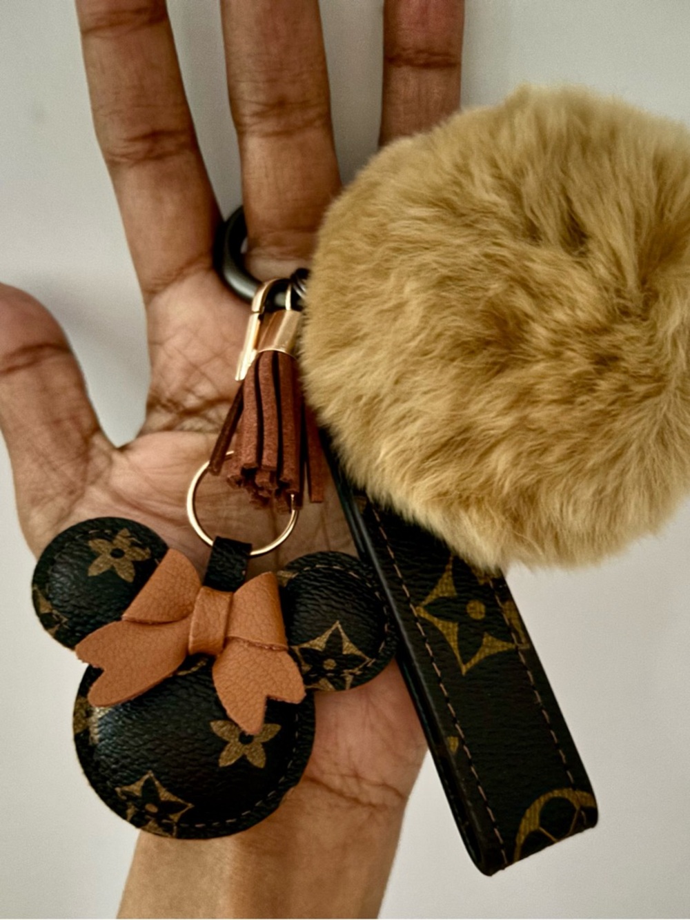 Backpack Charms - Keychains! Fur Poms and Strap Set - Brown, White, Pink!